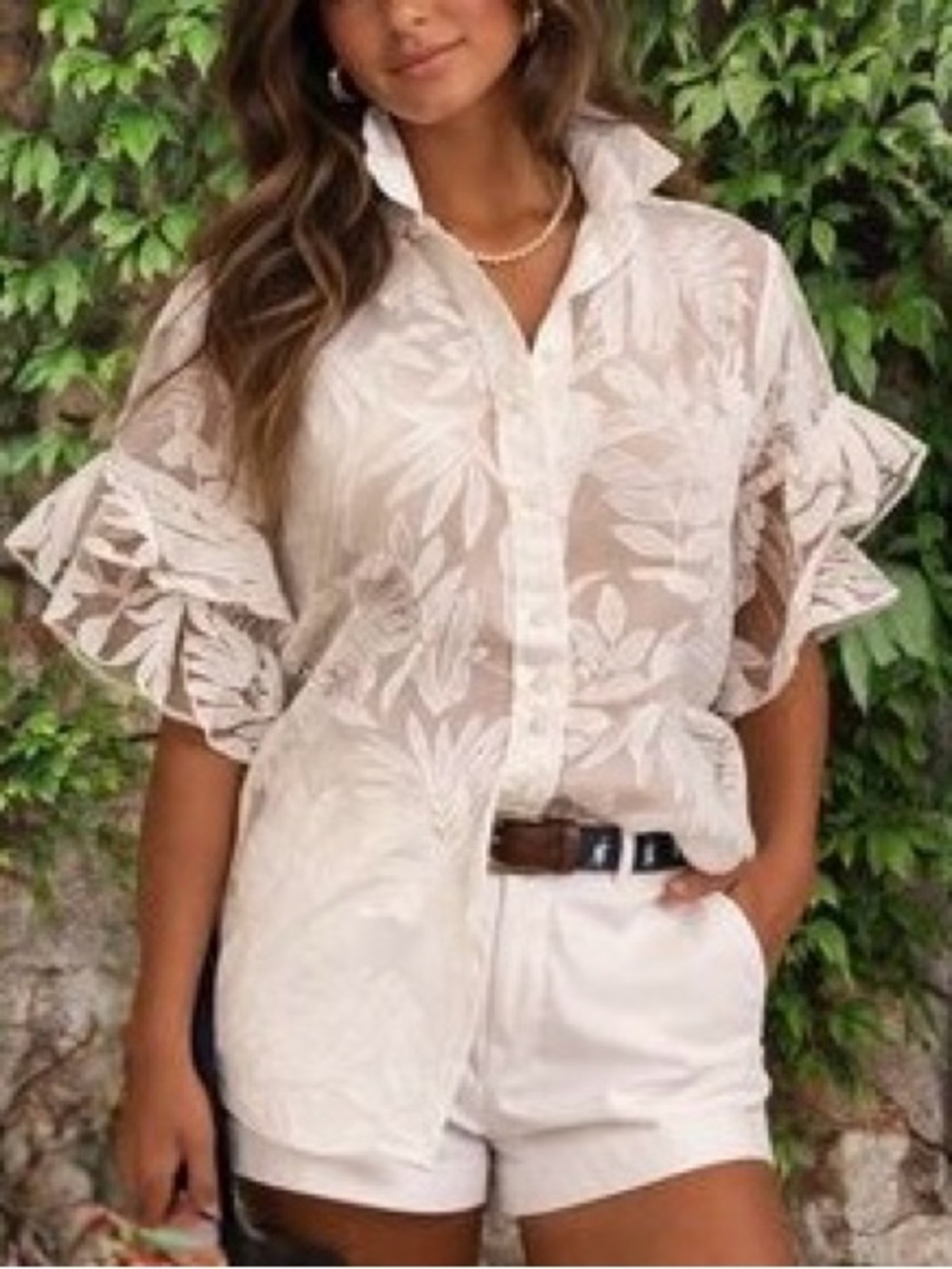 A New Day White Sheer Tropical Leaf Burnout Blouse Flutter Sleeve  XL Like New